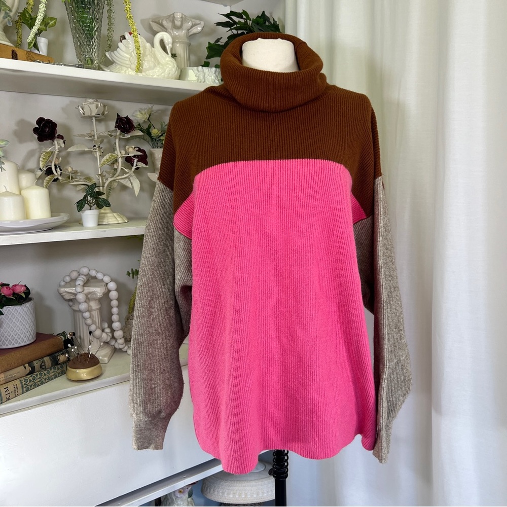 Free People Softly Structured Colorblock Sweater In Candy Pop Pink and Brown